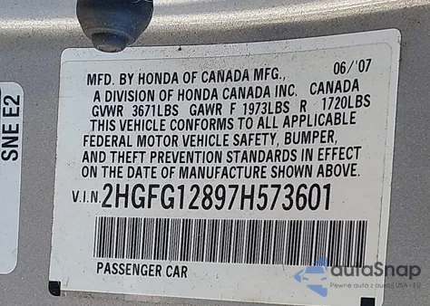 2007 Honda Civic Ex z USA, uszkodzony, nr VIN 2HGFG12897H573601